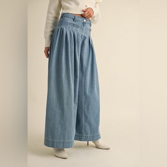903. DENIM PLEATED WIDE LEG PANTS - Picture 7 of 10